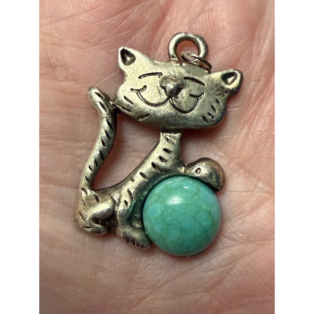 Cat Pendant Silver Tone Turquoise Faux Stone Whimsical Boho Kitsch Cat Mom Gift
